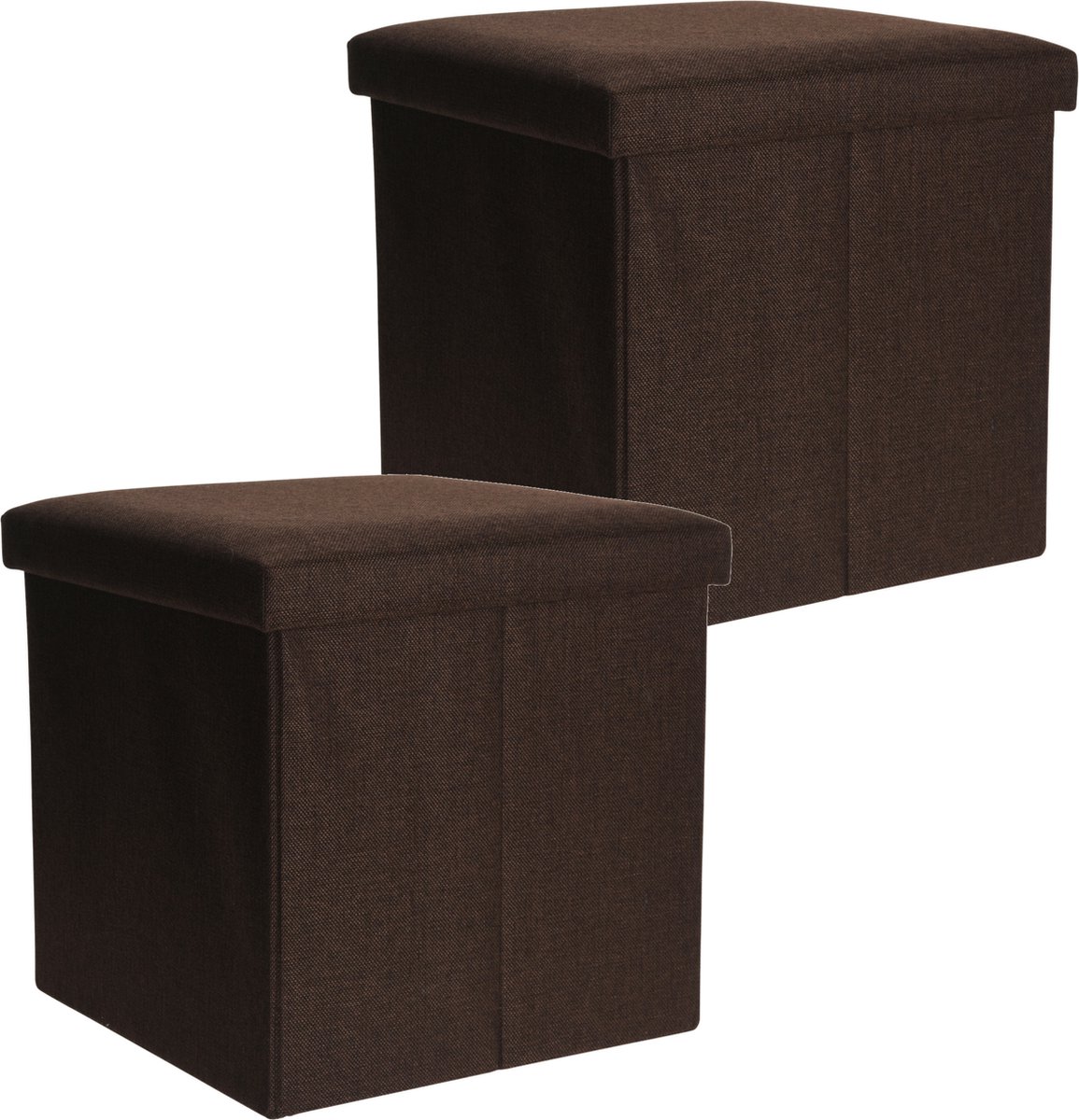 H&S Collection Poef/hocker/voetenbankje - 2x - opbergbox - bruin - polyester - 38 x 38 cm - opvouwbaar