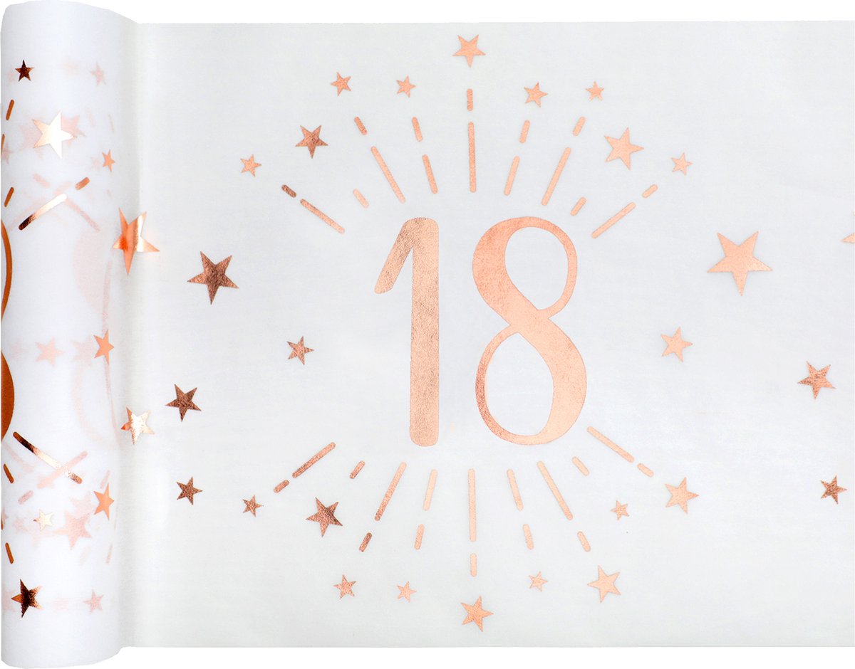 Feest/verjaardag/leeftijd tafelkleed met tafelloper op rol - 18 jaar tekst - wit/rose goud