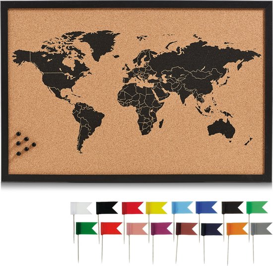 Prikbord wereldkaart met 20x punaise vlaggetjes gekleurd - 60 x 40 cm - kurk - Zeller
