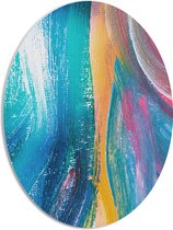 PVC Schuimplaat Ovaal - Blauwe Verf Strepen met Gele en Roze Details - 42x56 cm Foto op Ovaal (Met Ophangsysteem)