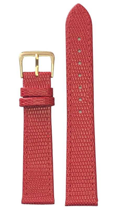 Horlogeband-horlogebandje-16mm-rood -croco-lizard print-echt leer-plat-zilverkleurige gesp-leer-16 mm