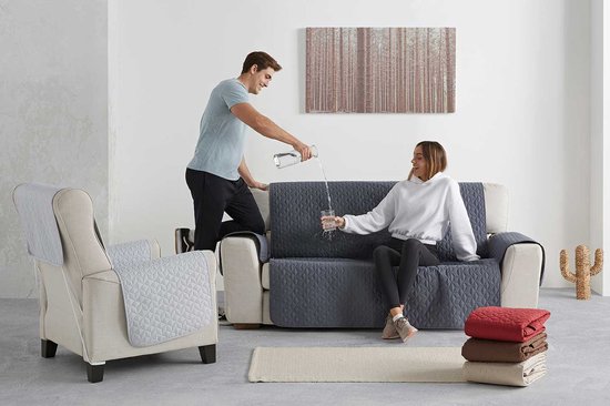 Banktopper Geo Grijs - 180cm breed - Waterafstotend en Vlekbestendig - Antislip Onderkant - Comfortabel en Duurzaam - Ideaal voor Huishoudens met Kinderen en Huisdieren
