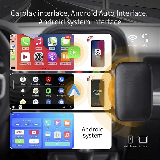 Draadloos Apple Carplay / Android Auto video adapter (Apps Netflix en