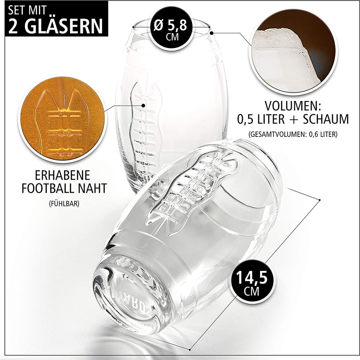 40YARDS American Football Beer Glasses (Set of 2) with Raised Football