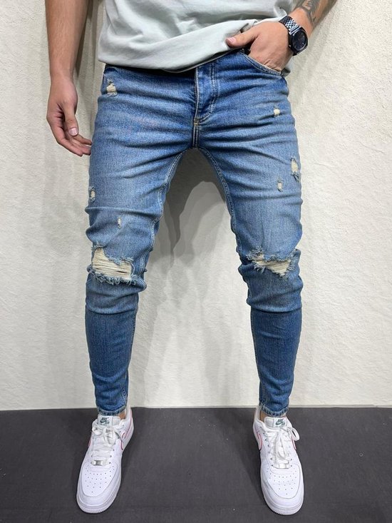 Mannen Stretchy Ripped Skinny Jeans Vernietigd Hole Slim Fit Denim Hoge Kwaliteit Jeans- W33