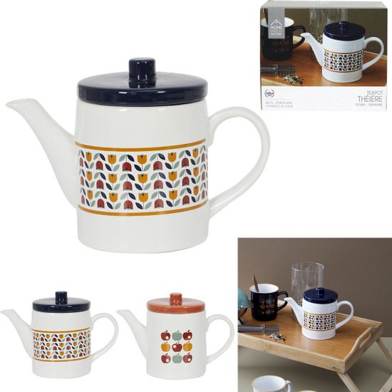 Retro porceleinen theepot, 60 cl, één stuk, wit met blauwe deksel met tulpen print