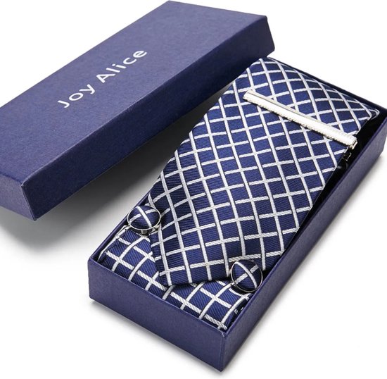 Cravate de haute qualité Soie 4 dans un ensemble comprenant des boutons de manchette, une pochette et une pince à cravate Blauw avec imprimé Witte Le coffret cadeau tissé jacquard de haute qualité pour homme | Leerella homme avec coffret cadeau