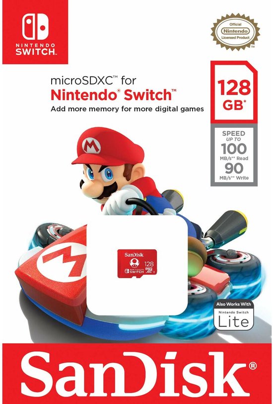 Verpakking van SanDisk 128GB microSDXC kaart voor Nintendo Switch met Mario op een kart en "Works with Nintendo Switch Lite".