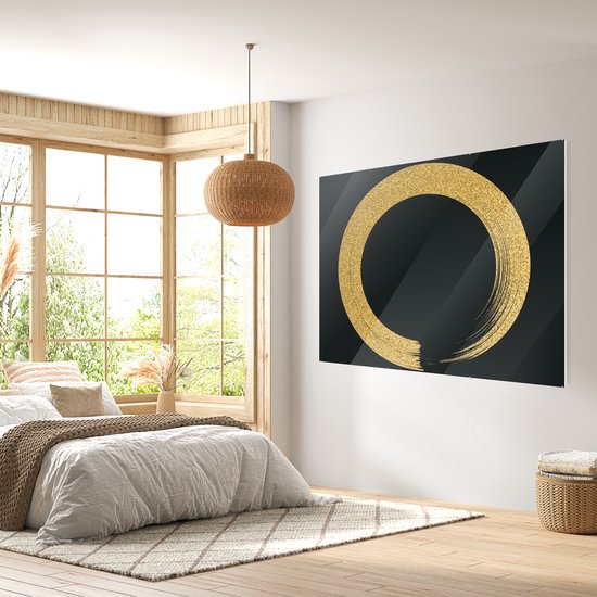 MuchoWow® Peinture sur verre 160x120 cm - Peinture sur verre - Cercle de paillettes dorées sur fond noir - Photo sur verre acrylique - Peintures