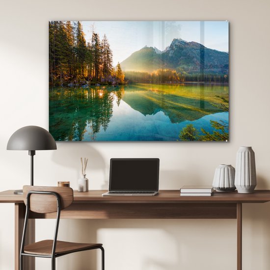 Peinture sur verre - Feuille acrylique - Lac - Water - Vert - Montagnes - Arbre - Décoration murale - Peinture sur verre - Verre acrylique - Photo sur verre - 120x80 cm - Peinture sur verre nature - Décoration murale