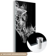 Glasschilderij - Foto op glas - Acrylglas - Wilde dieren - Giraffe - Familie - Zwart wit - 80x160 cm - Glasschilderij giraffe - Wanddecoratie glas - Decoratie woonkamer - Glasschilderij dieren