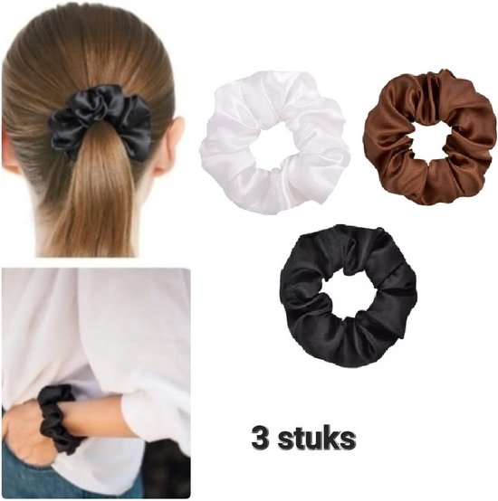 Dames Haar scrunchie Satijn 3 stuks- elastische elastiek- Zwart, Wit, Taupe - haarband | Trendy haar scrunchie | Dames haar Accessoires