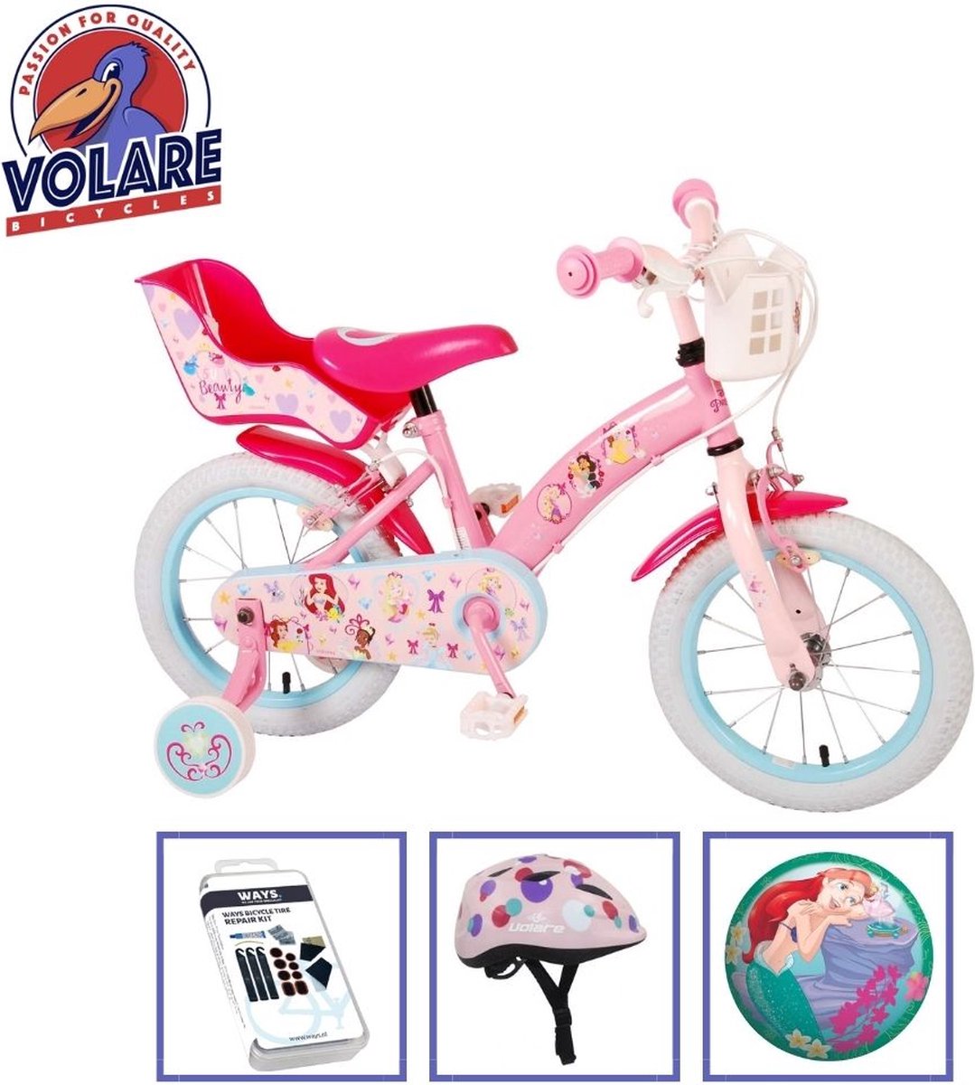 Volare Kinderfiets Disney Princess - 14 inch - Roze - Twee handremmen - Inclusief fietshelm + accessoires