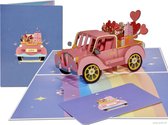 Cartes popup Popcards - Voiture rose joyeuse pleine de Hartjes, de Ballons et de cadeaux | Carte pop-up d'amour
