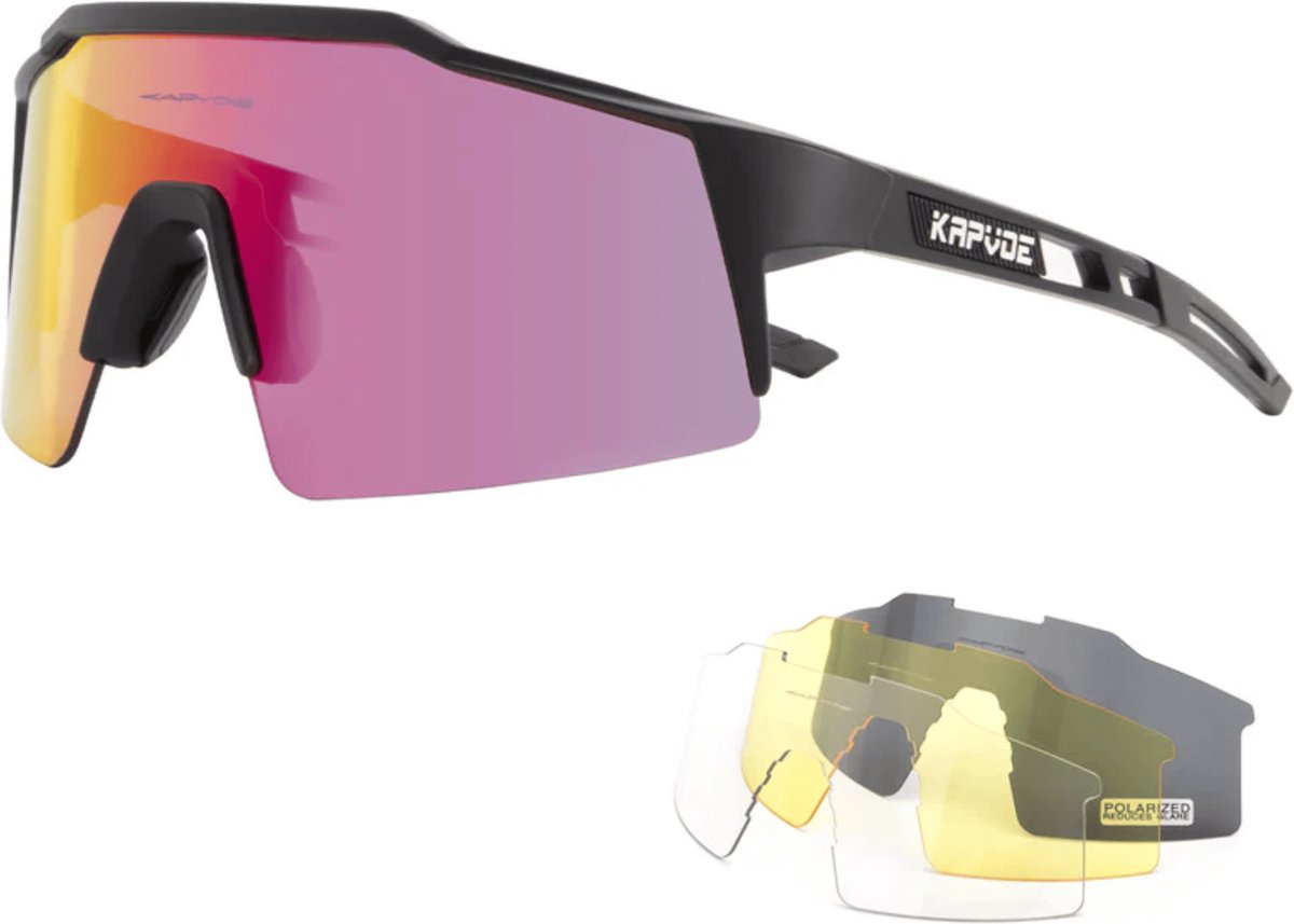 KAPVOE Sport Zonnebril - COMPLETE SET - 4 GLAZEN - Fietsbril - Sportbril - Mountainbike - Ski - Wintersport - Polariserend - UV 400 - Nachtbril - Frame voor Zonnebril op Sterkte - Hoesje -Brillenkoker - ZWART - Kapvoe