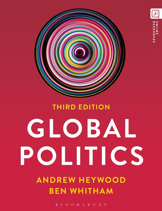 Livre 'Global Politics' troisième édition avec une couverture rouge ornée d'un motif circulaire de lignes colorées et de texte.