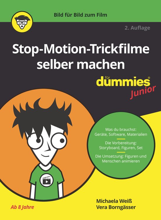 Boek "Stop-Motion-Trickfilme selber machen für Dummies Junior" met een cartoontekening van een jongen met warrig haar en een groen T-shirt.