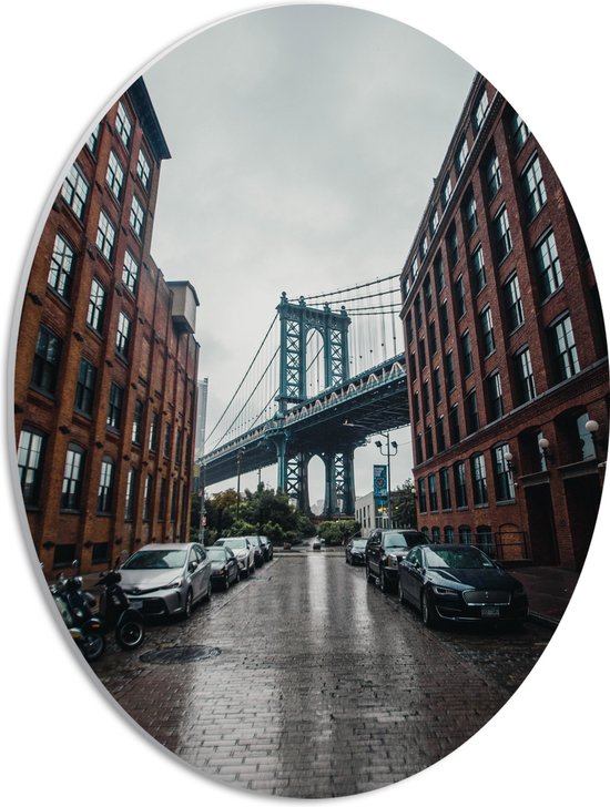 PVC Schuimplaat Ovaal - Straat met Manhattan Brug in New York - 30x40 cm Foto op Ovaal (Met Ophangsysteem)