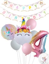 Eenhoorn Unicorn Sweet Color Feestpakket inclusief DIY Happy Birthday Slinger - Snoes - Cijfer Ballon 4 Jaar - Roze - Wit - Pastel