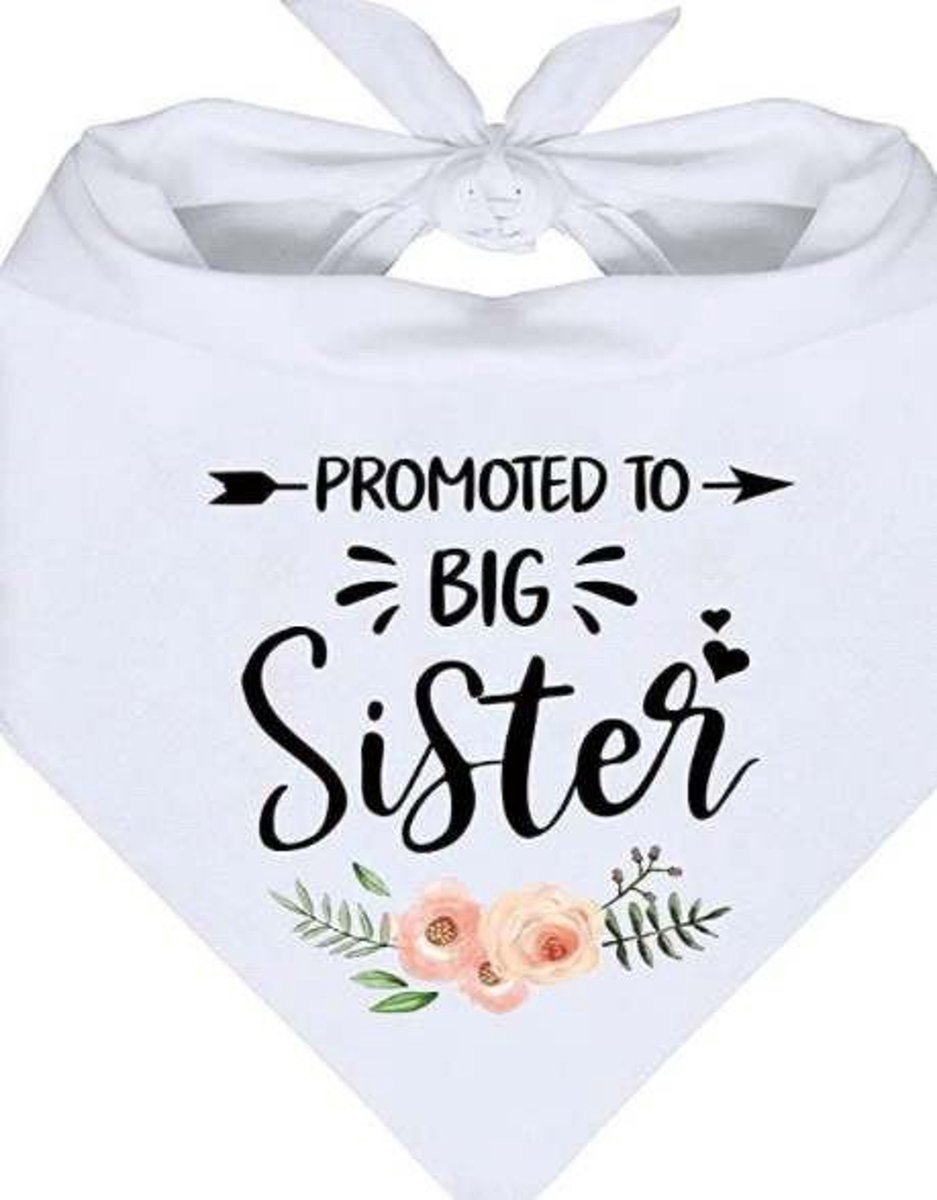 Honden bandana Promoted to Big Sister wit met zwarte tekst en bloemen - hond - baby - bandana - zus - big soister - babyshower - geboorte