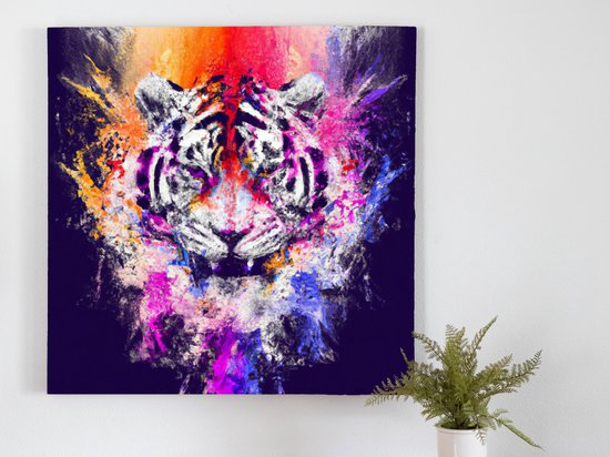 Fiery Tiger Paint Burst kunst - 100x100 centimeter op Canvas | Foto op Canvas - wanddecoratie