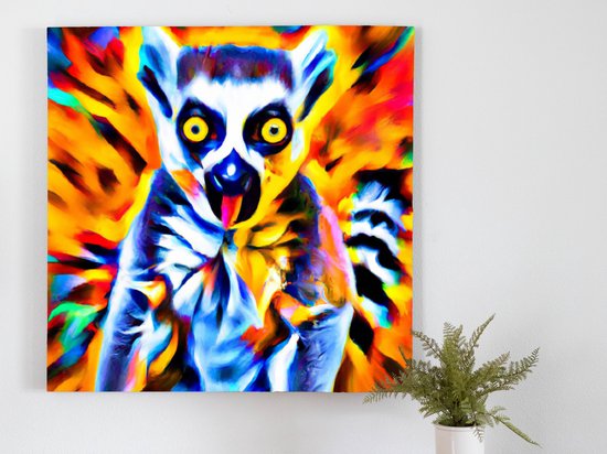 Vibrant Rainbow Lemur kunst - 80x80 centimeter op Dibond | Foto op Dibond - wanddecoratie