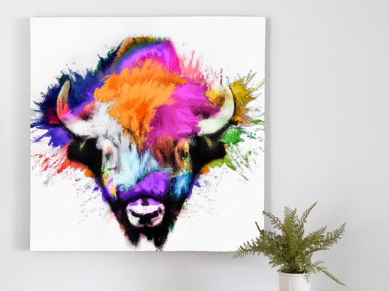 Vibrant burst bison | Vibrant Burst Bison | Kunst - 60x60 centimeter op Canvas | Foto op Canvas - wanddecoratie schilderij