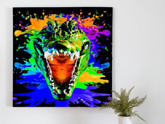 Rainbow Crocodile Burst kunst - 100x100 centimeter op Canvas | Foto op Canvas - wanddecoratie