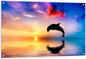 WallClassics - Tuinposter – Zonsondergang bij Silhouet van Dolfijn boven Water in Kleurrijke Omgeving - 120x80 cm Foto op Tuinposter (wanddecoratie voor buiten en binnen)