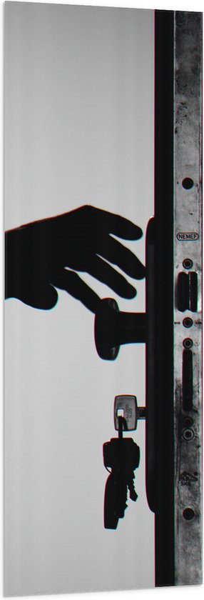 Vlag - Voordeur met Sleutels in het Slot (Zwart - wit) - 50x150 cm Foto op Polyester Vlag