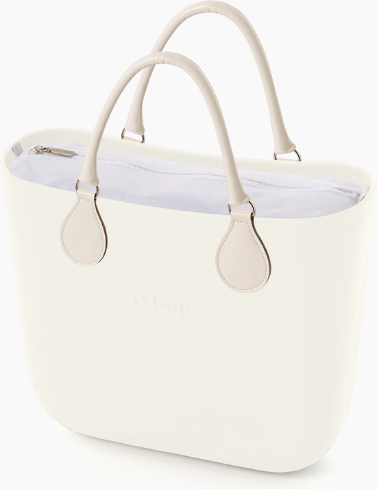 O bag mini handtas in melkwit, compleet met korte handvatten in melkwit en canvas binnentas in wit
