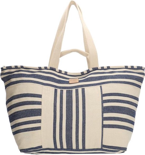 Grote canvas strandtas met marineblauwe strepen en een beige voorvak met verticale strepen.