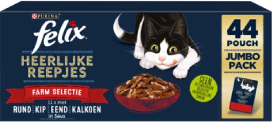 Felix Heerlijke Reepjes Farm Selectie - Kattenvoer natvoer - Rund, Kip, Eend, Kalkoen - 44 x 85g