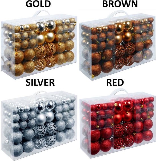 Verpakkingen met kerstballen in goud, bruin, zilver en rood.