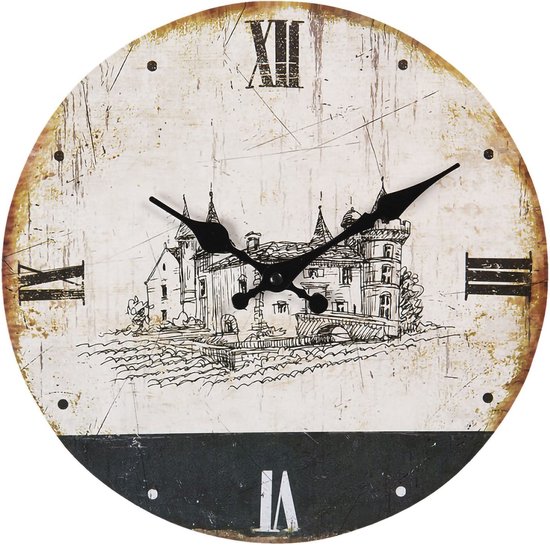 HAES DECO - Horloge Murale 30 cm Vintage Marron avec Kasteel - Cadran avec Chiffres - Horloge Ronde en MDF Klok Murale Horloge à Suspendre Horloge de Cuisine