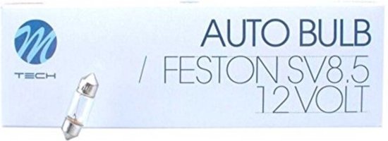 Auto lamp Festoon SV8.5 12 Volt van M-Tech in verpakking. Naast de verpakking ligt een losse lamp.