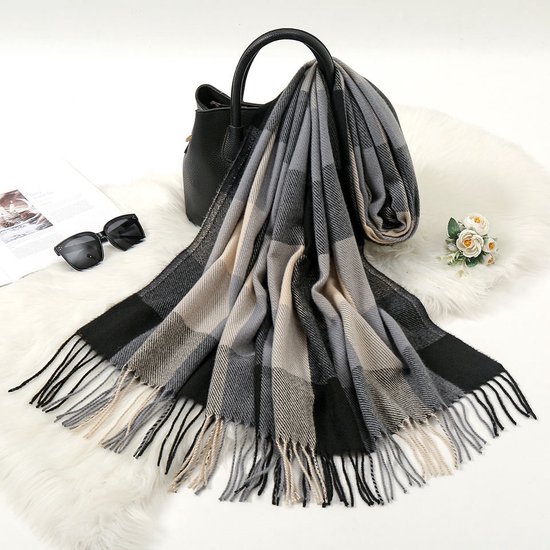 Sjaal - dik - grijs - wit - zwart - geblokt - dames - omslagdoek