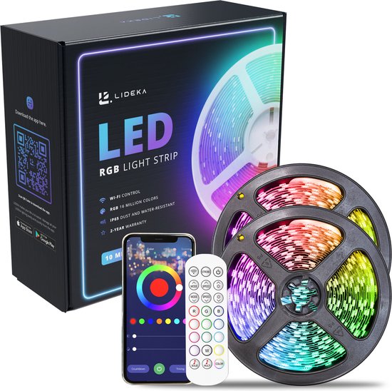 Lideka Smart LED Light Strip - 10 Meter - App Wifi Verbinding - RGB Verlichting - Met Afstandsbediening - Zelfklevend