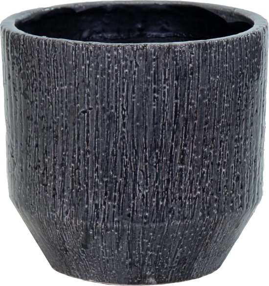 Mega Collections Plantenpot - keramiek - donker/grijs - relief - D13.5 x H12.5 cm