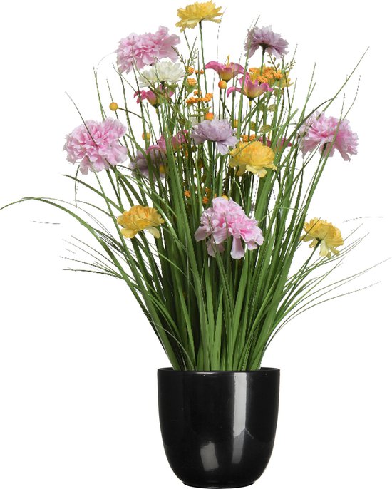 Kunstbloemen boeket lila paars - in pot zwart - keramiek - H70 cm