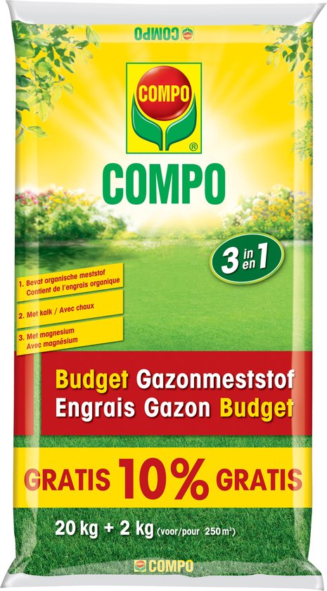 COMPO Budget Gazonmeststof - drievoudige werking - gedeeltelijk organisch - zak 20 kg + 10% (250 m²)