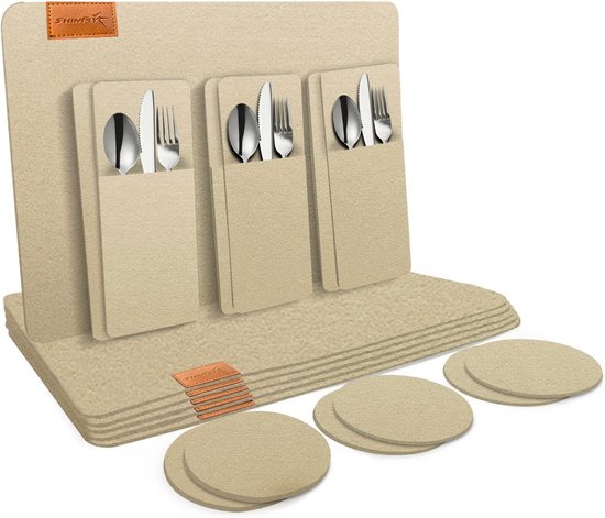 Miqio® Design Ronde placemats van vilt, afwasbaar, met merken echt leer, label en glasonderzetter, 8 placemats, 8 onderzetters, vilten mat, wasbaar