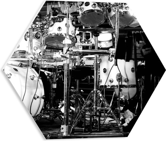 PVC Schuimplaat Hexagon - Lichtgekleurd Drumstel (Zwart- wit) - 40x34.8 cm Foto op Hexagon (Met Ophangsysteem)