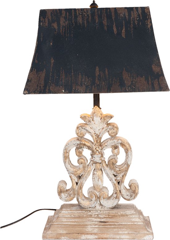 HAES DECO - Tafellamp - Shabby Chic - Vintage / Retro Lamp, formaat 40*28*67 cm - Bruin / Wit Hout met Zwarte Lampenkap - Bureaulamp, Sfeerlamp, Nachtlampje