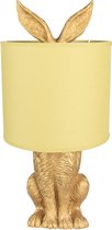 HAES DECO - Tafellamp - City Jungle - Konijn in de Lamp, formaat Ø 20x43 cm - Goudkleurig met Gele Lampenkap - Bureaulamp, Sfeerlamp, Nachtlampje