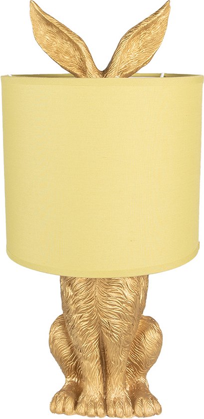 HAES DECO - Tafellamp - City Jungle - Konijn in de Lamp, formaat Ø 20x43 cm - Goudkleurig met Gele Lampenkap - Bureaulamp, Sfeerlamp, Nachtlampje