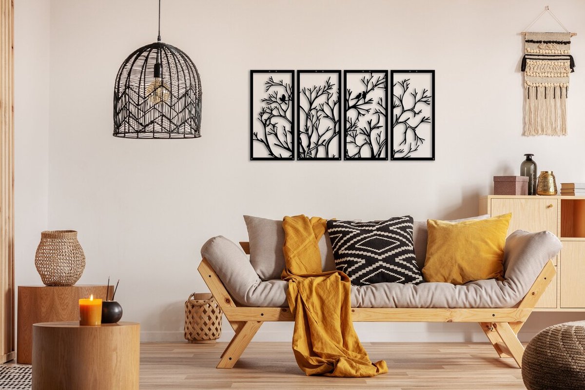 Metalen Wanddecoratie Boom – 3D Wandkunst – Zwart – 49 x 100 cm