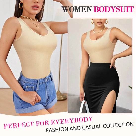 Vrouwen bodysuit, beige, met jeans shorts en zwarte rok met split. Perfect voor iedereen.