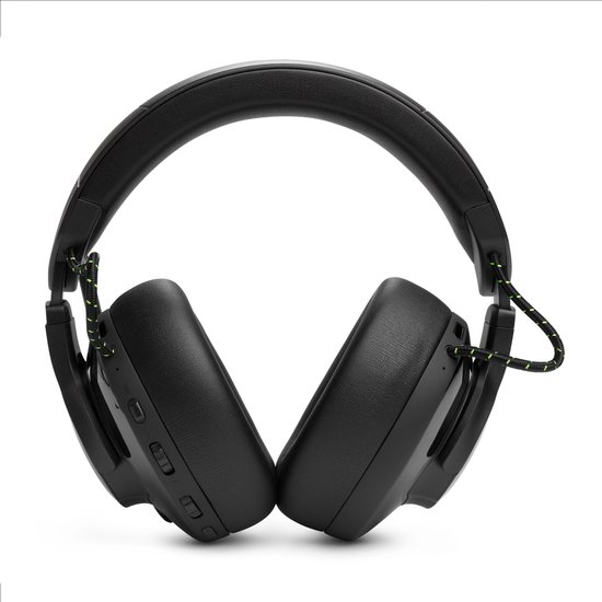 Zwarte JBL gaming headset, zijaanzicht met oorkussens en hoofdband.