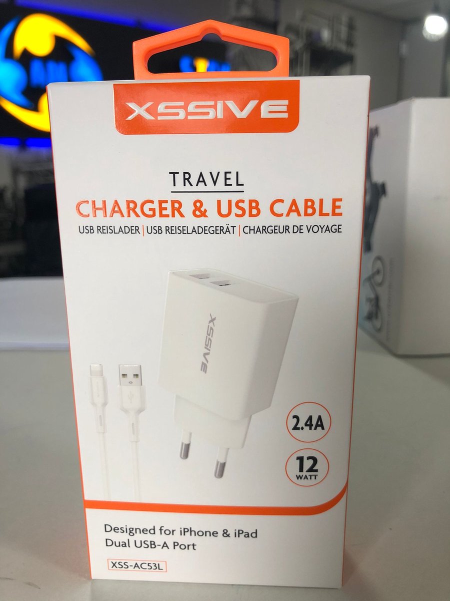 Xssive Travel Charger and USB Cable For Iphone and Ipad Dual USB-A Port With USB-C to Lightening Cable XSS-AC53L